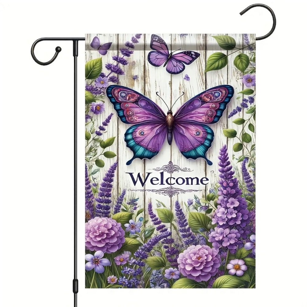 Purple Floral Butterfly Welcome Garden Flag